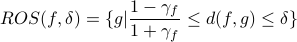  ROS(f, delta) = {g vert frac{1-gamma_{f}}{1+gamma_{f}}leq d(f,g) leq delta} 